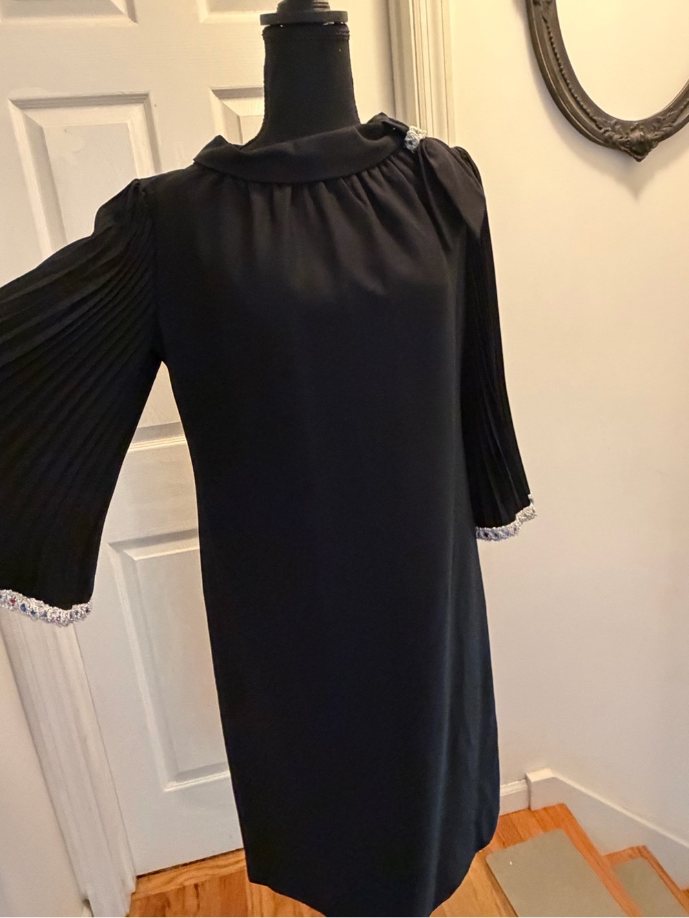 Vintage Black Pleated Sleeve Shift Dress with Embellished Trim